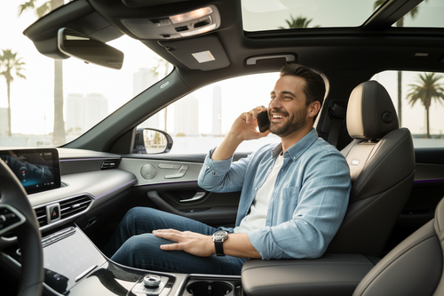 fais moi une image d'une homme heureux dans sa voiture au telephone